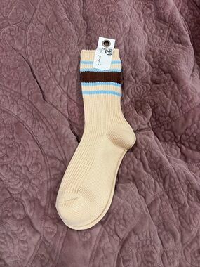 Free People Beige Crew Socks with Blue and Brown Stripe Cuff